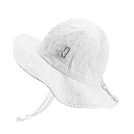 Cotton Drawstring Tie - Toddler Girls Cotton Sun Hats 50 UPF, Drawstring Adjustable, Stay-on Tie (M: 6 - 24m, White Eyelet)