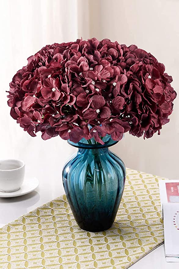 Wine Red Artificial Flowers Hydrangea Silk Flowers Heads Pack of 10