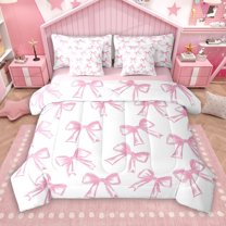Manfei Cartoon Bowknot Girls 7pcs Bedding Comforter Set, White Pink Princess Bow Queen Bedding Sets, Kawaii Fairy Tale Style Reversible Queen Sheet Sets, Luxury Bedroom Decor