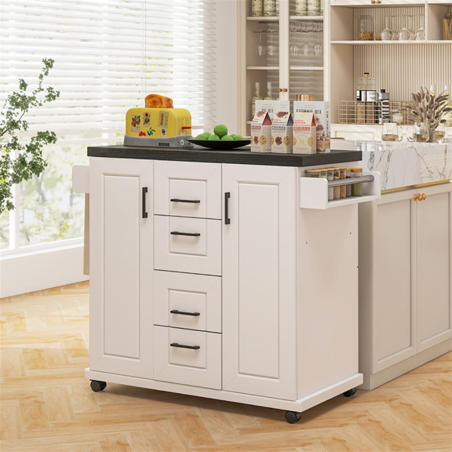 Demi Bonn Mobile Kitchen Island Cart with Storage Cabinets, Rolling Kitchen Serving Carts on Wheels for Home, Dining Room, White