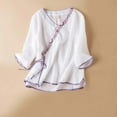 thumbnail image 4 of White Women's Long Sleeve T-shirt, Women Cotton Linen Shirts Vintage Chinese Embroidery 3/4 Sleeve Casual Trendy Tops Loose V Neck Side Tie Slit Blouse,Women's Long sleeve T-shirt M, 4 of 4