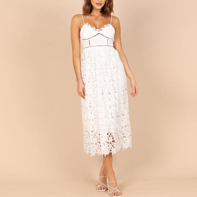 Vestido Blanco Elegante Costura de encaje elegante vestido blanco de talle alto para mujer ahueca hacia fuera la ropa de fiesta Cgtredaw M Blanco para Mujer