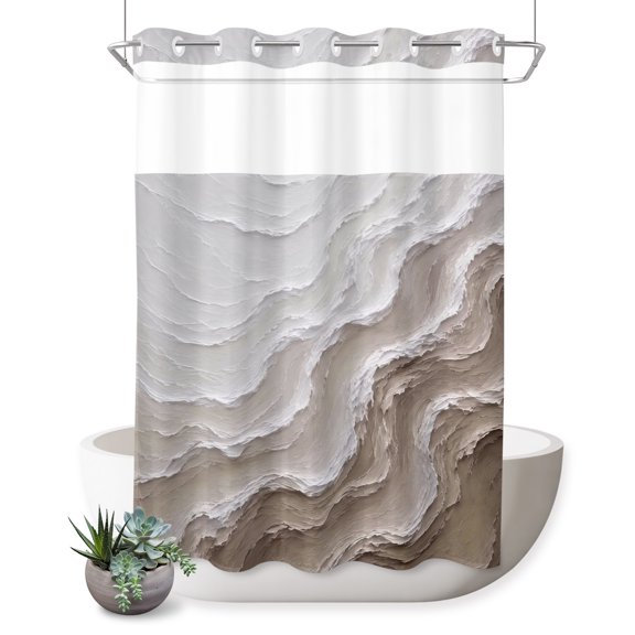 No Hook Shower Curtain, Beige Coastal Waves Shower Curtains for Bathroom with See Through Top Window, Abstract Modern Ocean Layered Plaste Art Waterproof & Washable Bath Curtain Extra Long 72"x84"