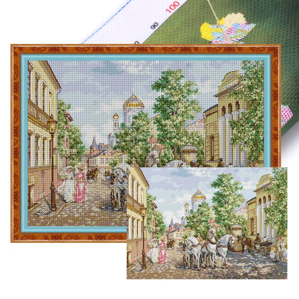 (FA425) Hilo Algodón Ecológico para Bordado 14CT 2 Hebras Impresión 60*44cm Kit Serie Troika Delante La Iglesia en Punto Cruz Paisaje (borde Gancho)