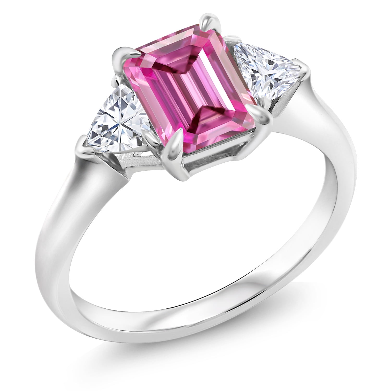 Gem Stone King 2.07 Cttw Pink and White Moissanite 3-Stone Ring for Women | 925 Sterling Silver | Wedding Engagement Anniversary Promise Ring for Women | Available in Size 5, 6, 7, 8, 9 | Size 8