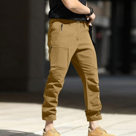 Zylanna Men's Casual Cargo Pants, Stretchable Baggy with Pockets Drawstring Waist Comfortable Pants for Winter Sports Khaki