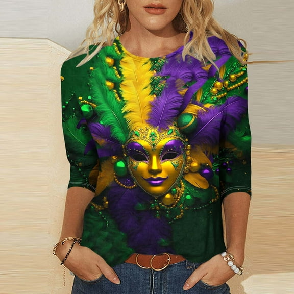 AGWOLF Mardi Gras Shirts for Women Funny Carnival Themed Graphic T-Shirts 3/4 Length Sleeve Lightweight Tops New Orleans 3D Printed Festival Costume