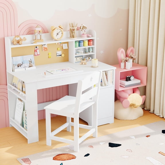 Kids Study Desk and Chair Set, Wooden Children Writing Desk with Hutch, Storage Cabinet & Side Bookrack, White Toddler Homework Table for Bedroom