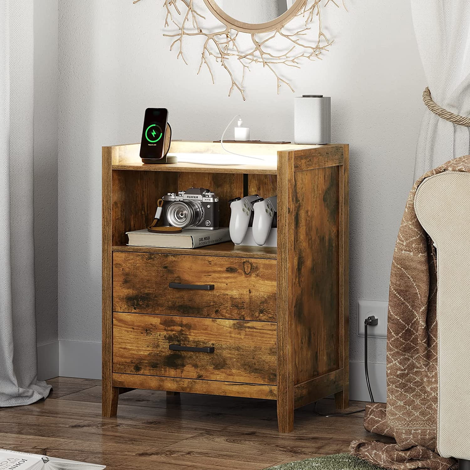 Nightstand with LED Lights and Charging Station, Modern Bedside Table