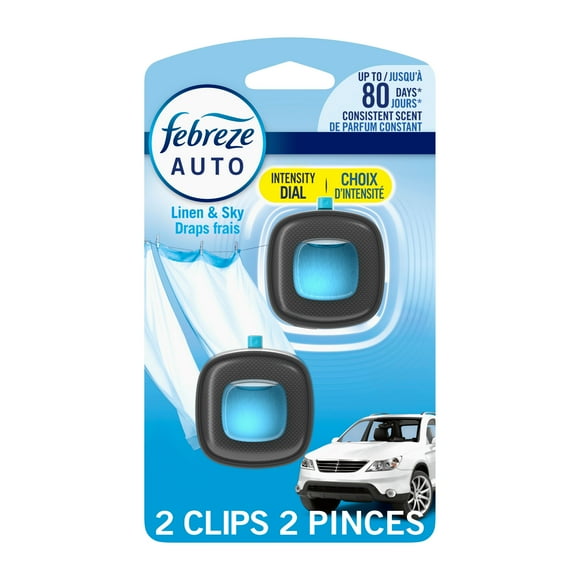 Febreze Car Air Freshener, Odor-Fighting Automotive Vent Clip, Linen & Sky Scent, 2ct