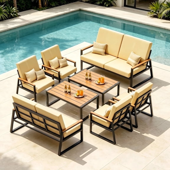 Patio Furniture Set, Lofka 8 Pcs Outdoor Conversation Set with Cushions, 2 Coffee Tables for Garden, Backyard, Poolside, Beige