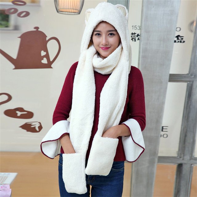 IDALL Hats for Women,Winter Hats Women Cute Thick Hat Ear Protectors Warm Plush Hat Scarf Gloves Set Ushanka,Trapper Hat White