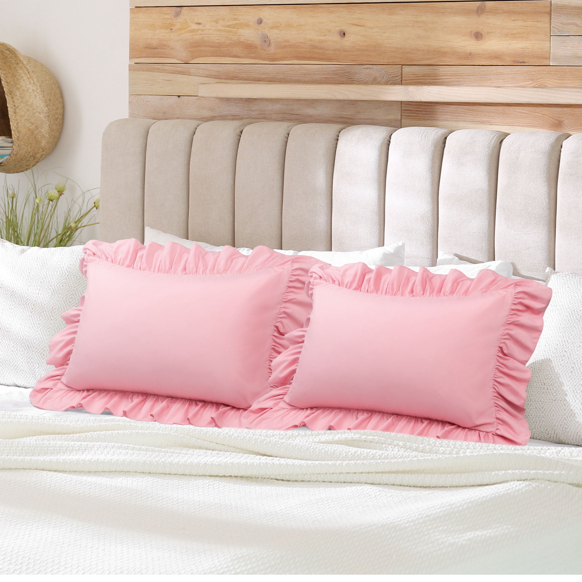 Unique Bargains Microfiber Ruffle Envelope Closure Pillowcases 2 Pcs Pink King