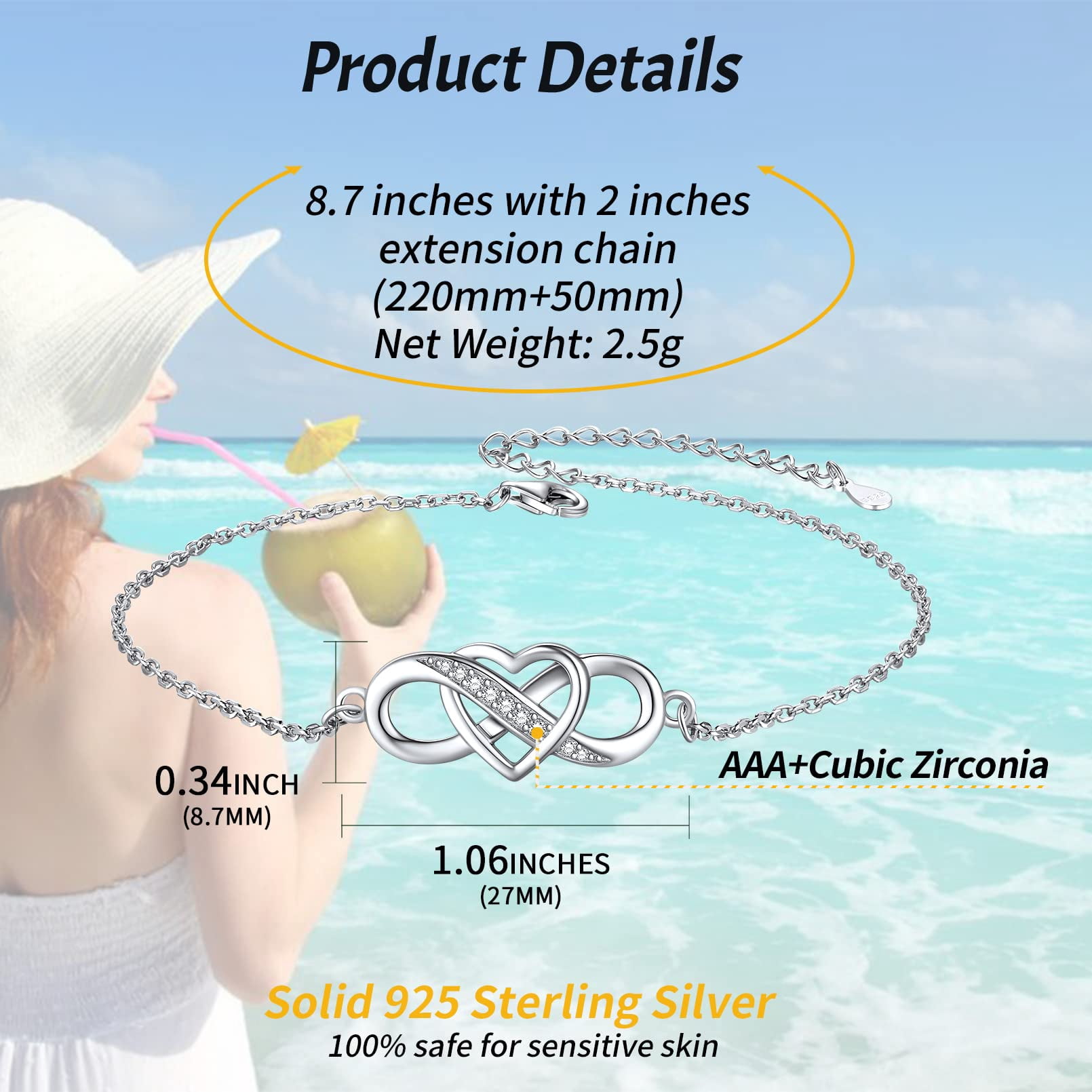 ChicSilver Sterling Silver Anklet Bracelet Women Heart Infinity Ankle Chain Charming Foot Jewelry for Summer Beach Party