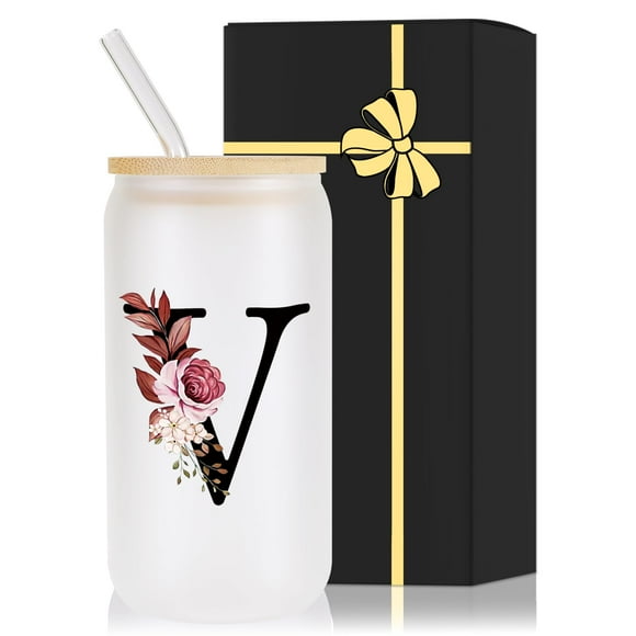 Vaso de vidrio Wulcea con monograma, 500 ml, con tapa y pajita
