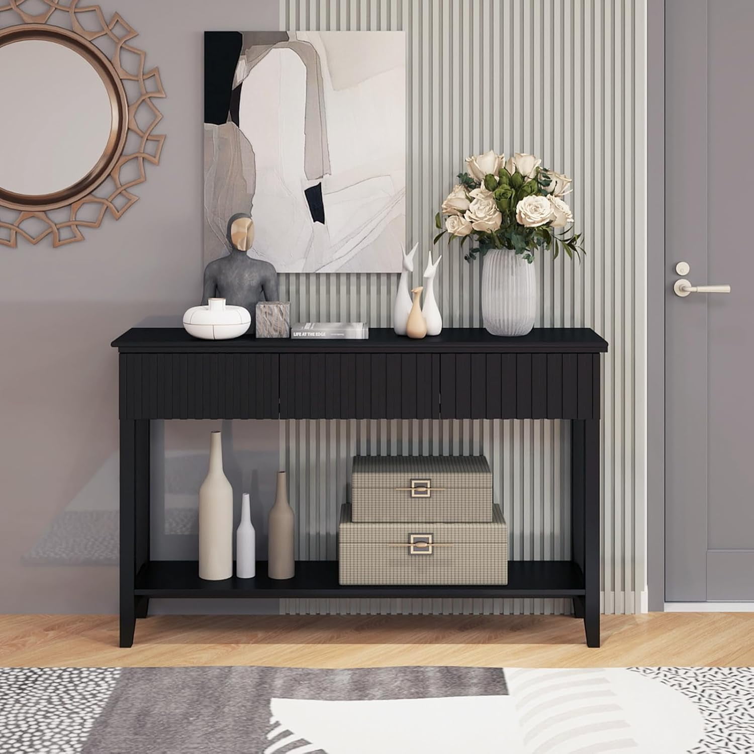 Coewske Narrow Console Table Painted Wood Long Sofa Entryway Table w/ 3 Drawers & Open Shelf Black