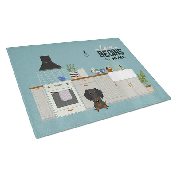Carolines Treasures CK7831LCB Black Tan Wire Haired Dachshund Kitchen Scene Glass Cutting Board Large 12H x 16W