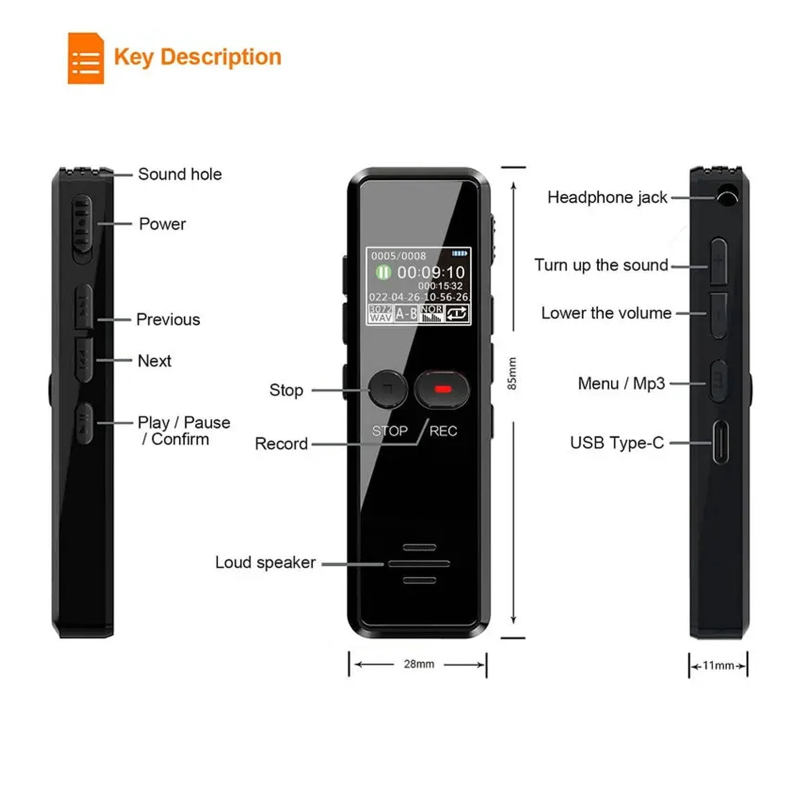 V90C 64GB High-Quality Digital Voice Recorder Colorful Display Screen Sound Recording ,Powerful Feature