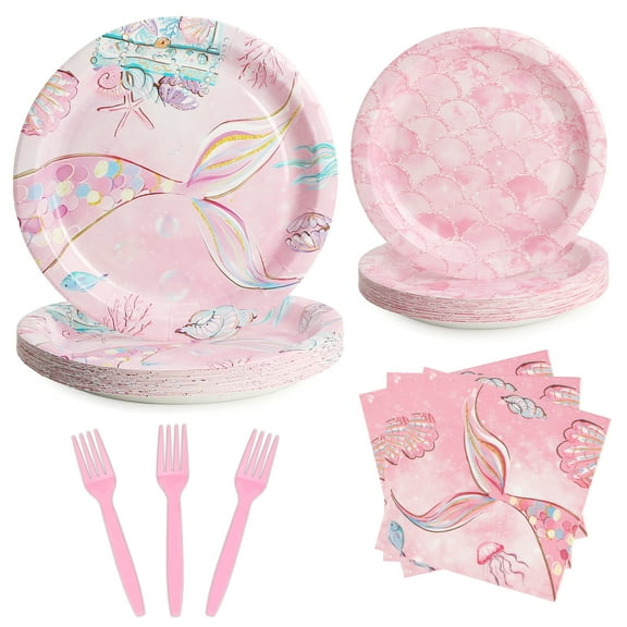 96 Pcs Party Plates, Pink Mermaid Paper Plates and Napkins Party Supplies for Birthday Baby Shower Picnic, Dessert Plates, Disposable Tableware Sets Serve for 24 Guests