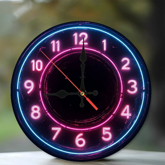 Neon Clock Wall Decor Pink Blue Light 10-Inch Silent Wooden Wall Clock, Battery Operated (AA Batteries Not Included), Artistic Home Decor