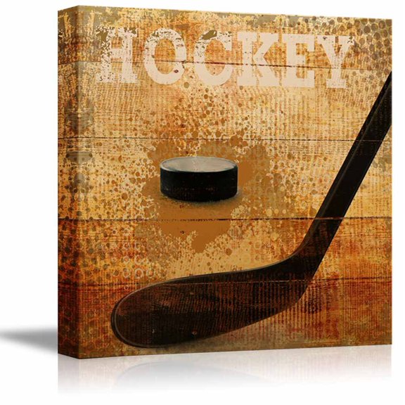 wall26 - Hockey Americana - Patriotic Puck and Stick on ice Sport Grunge Flag - Canvas Art Home Art - 12x12 inches