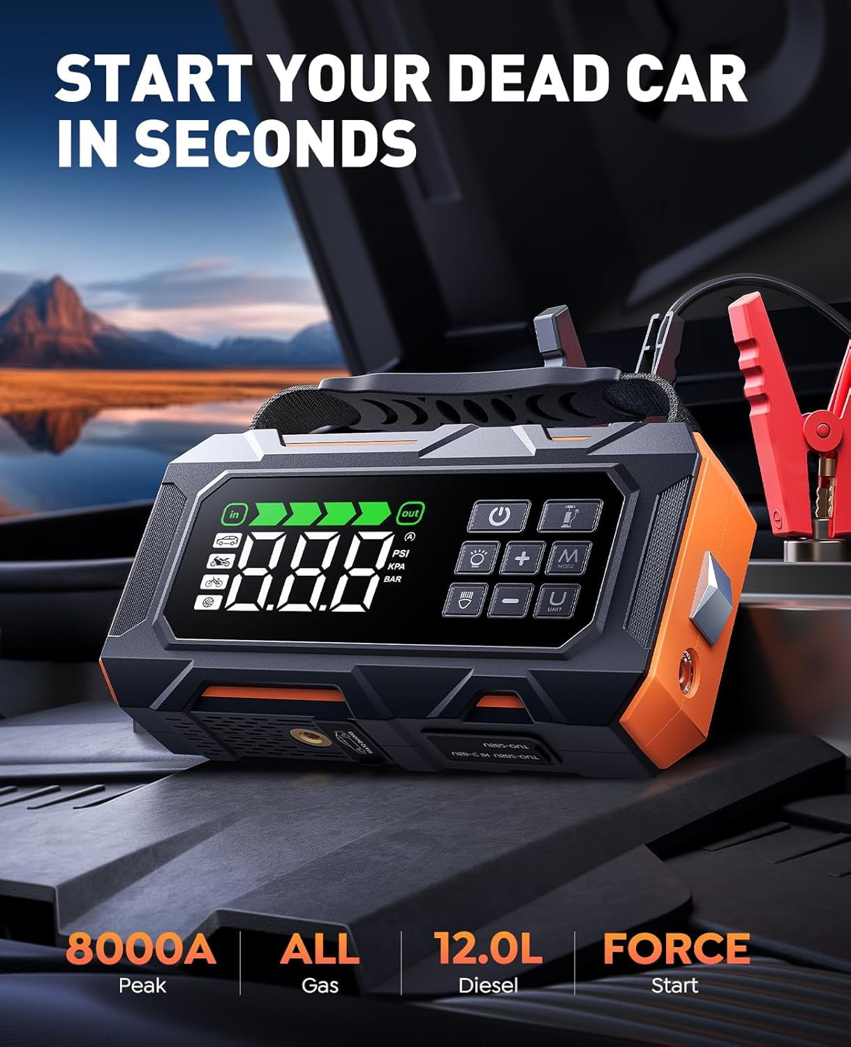 BUTURE 8000A Car Jump Starter with Air Compressor 160PSI Force Start for All Gas and 14L Diesel, Complete Accessory Kit