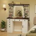 thumbnail image 2 of Spaco Farmhouse Style Vanity Desk, Sliding Barn Mirror, 3 Light Modes, 1 Cabinet & 6 Drawers & 9 Shelves, Charging Port, Rustic White, 2 of 7