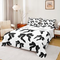 Homewish Kawaii Bow Queen Sheet Sets,Cute Cartoon Bowtie Flat Sheet,White Black Queen Fitted Sheet For Girl Teens,Super Cozy Room Decor,4 Pieces