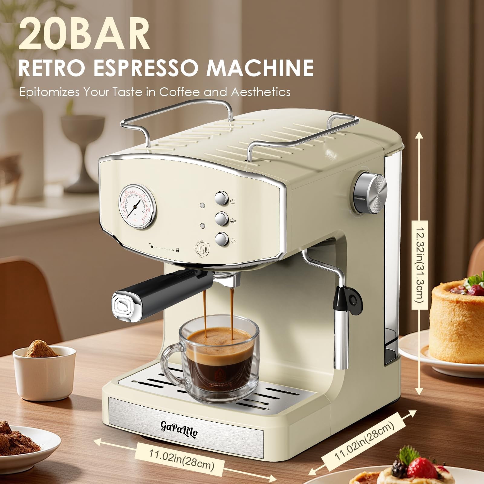 20 Bar Espresso Machine with Milk Frother, ESE Pod Compatible, Pressure Gauge, 54 oz Food-Grade PP Removable Water Tank, Ideal for Home Barista,Griege