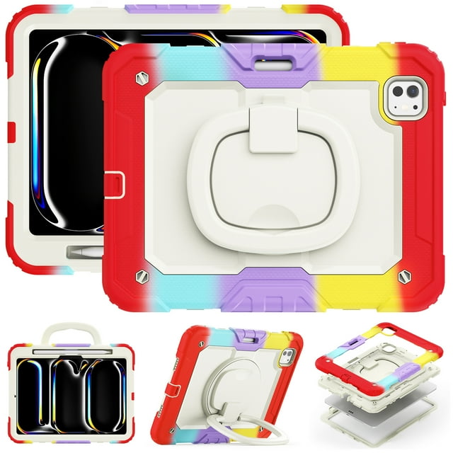 for iPad Pro 11 inch Case (M4 2024/M5 2025), 360 Rotating Shockproof Cover with Stand, Handle, Shoulder Strap, Rainbow Red