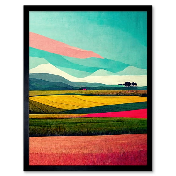 Colourful Abstract Modern Country Landscape Multicoloured Art Print Framed Poster Wall Decor 12x16 inch