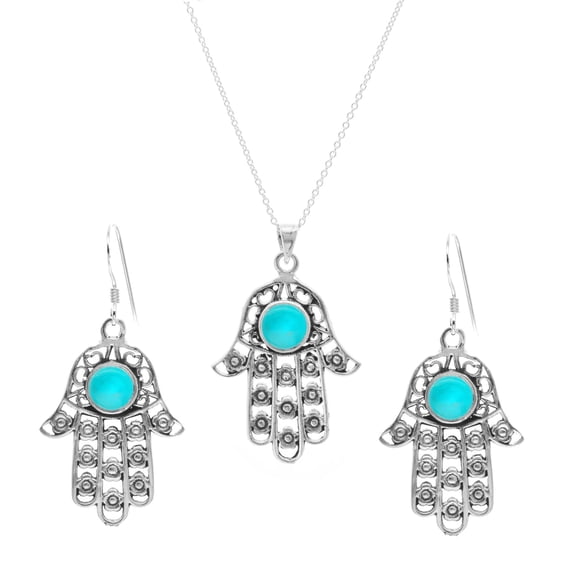 Silverly Women's 925 Sterling Silver Simulated Turquoise Hamsa Hand Earrings Pendant Necklace Set, 18"