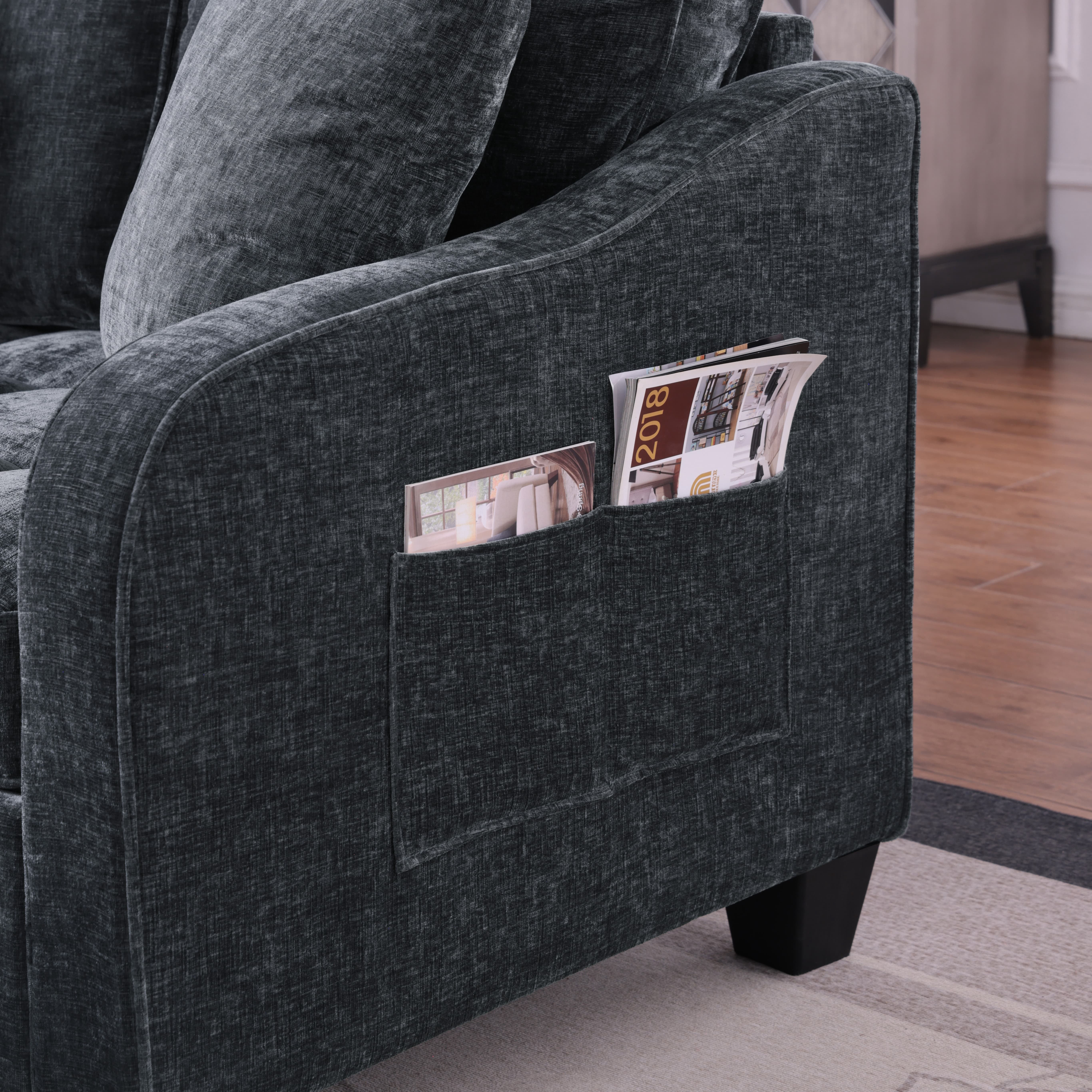 Aukfa Double Chaise Lounge Loveseat with Storage Ottoman & 2 Pillows, Modern Small Sectional Couch for Small Space,Black