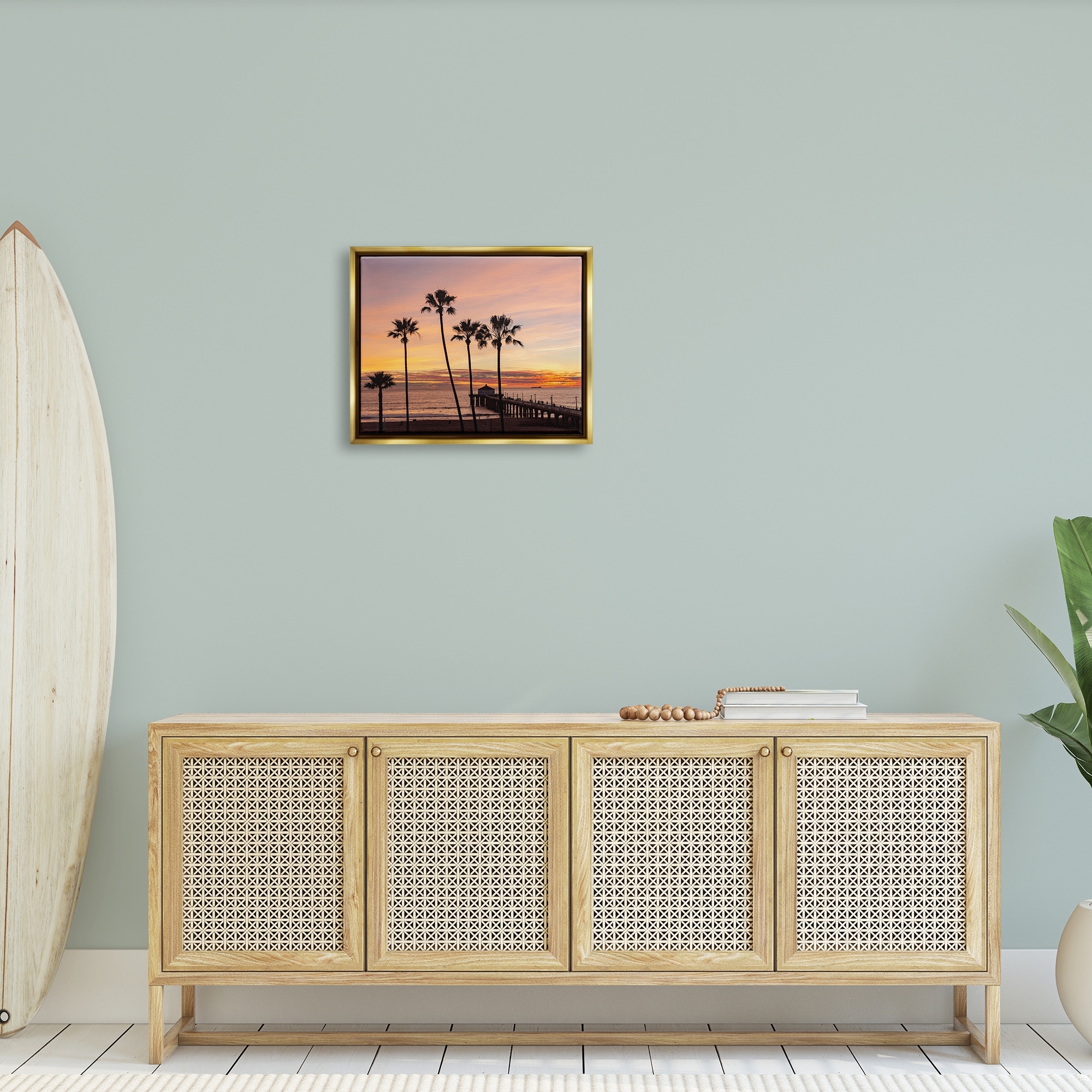 Stupell Industries Tropical Palm Tree Sunset Summer Pier Docks Photograph Metallic Gold Floating Framed Canvas Print Wall Art, Design by Jeff Poe Photography