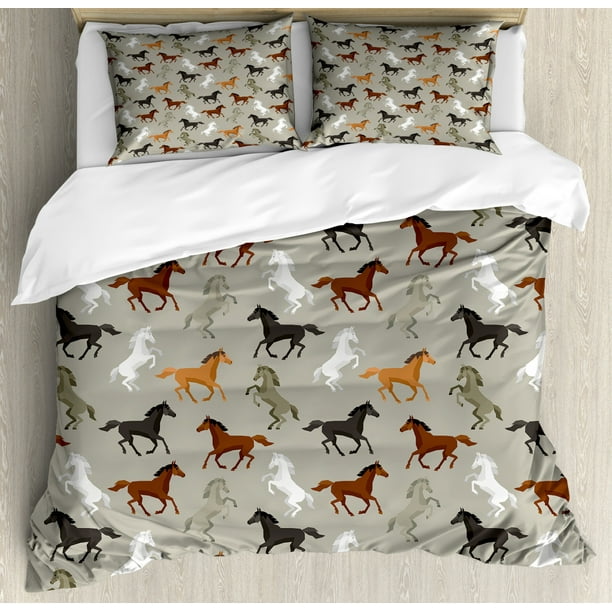 Horses Duvet Cover Set, Abstract Stallions Simple Design Equestrian