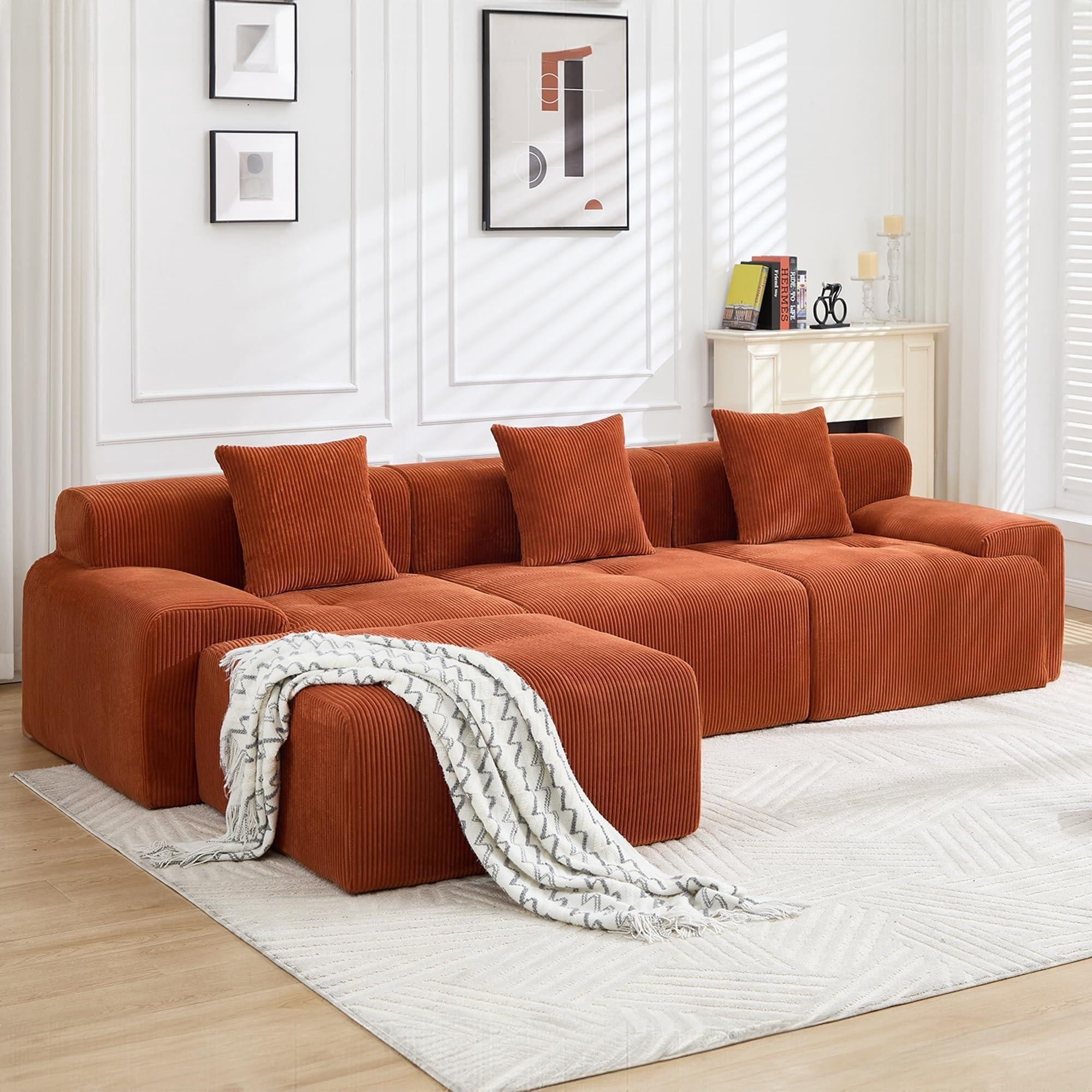 Sailvan 118"" Modern L-Shaped Modular Sectional Sofa, Corduroy Boneless Cloud Couch with Deep Seat and Moveable Ottoman, No Assembly Required