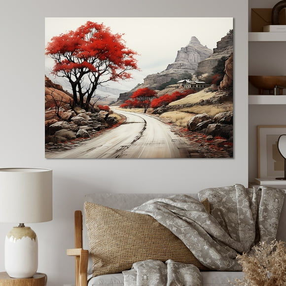 Designart Red Modern Canvas wall art, Road Wall Art, The Endless Journey A Red Tree on the Road , road Wall art decor, 44x34 inches