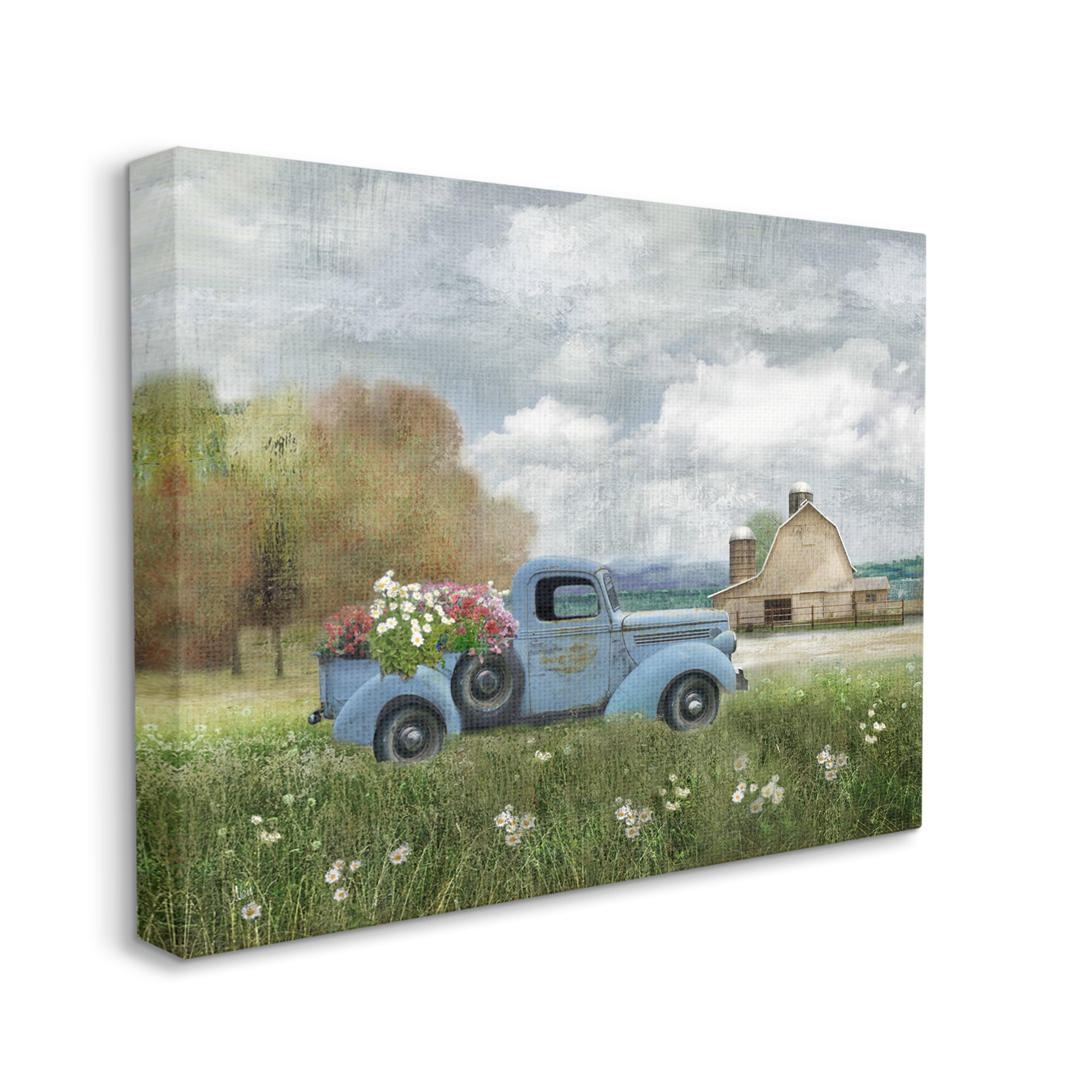 Stupell Industries Vintage Blue Truck Flower Bouquet Cloudy Sky Farmhouse , 20 x 16, Design by Nan