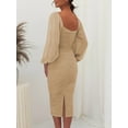 thumbnail image 6 of KelaJuan Women's Slim Midi Dress Solid Color Long Sleeve Square Neck Slit Ruched Dress Party Gown, 6 of 6