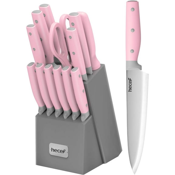 Kitchen Knife Block Set, 14 Pieces Knife Set with Wooden Block & Sharpener Steel & All-purpose Scissors, High Carbon Stainless Steel Cutlery Set