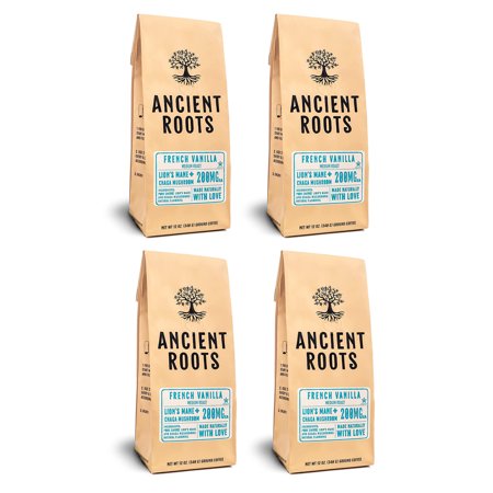 Ancient Roots French Vanilla Flavored Mushroom Coffee - French Vanilla Coffee - Medium Roast Flavored Coffee By Corim Premium Blends 4 bags (12 Ounces each