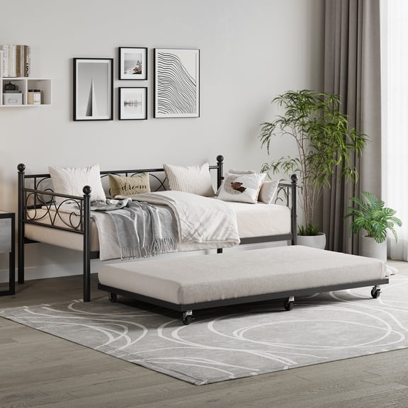 Twin Size DayBed with Trundle, Metal Trundle Bed, Sofa Bed Frame with Steel Slat Support, Curved Flower Design, Space-Saving, No Box Spring Needed, for Apartment, Small Spaces