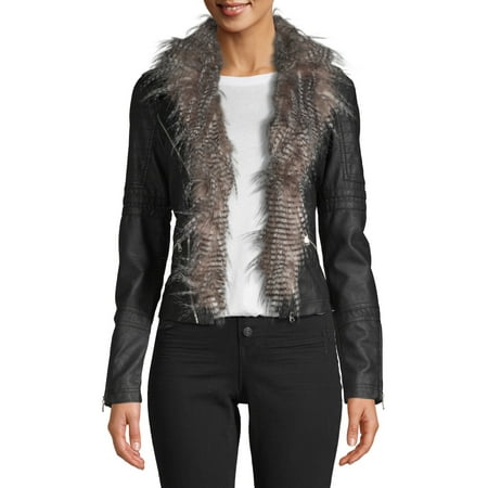 Women's Fur-Trimmed Faux Leather Jacket