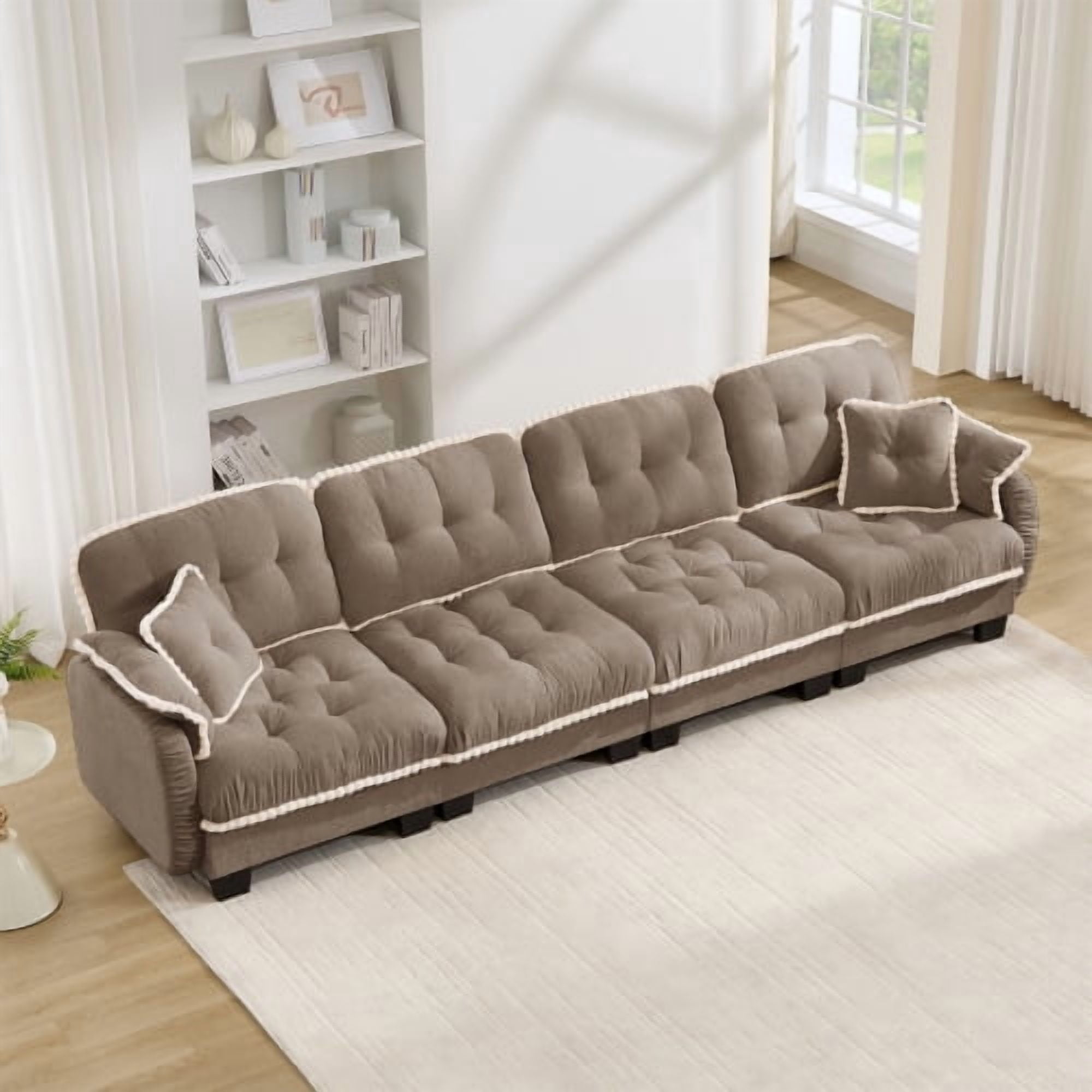 Anpport Modern Aesthetic Brown 4-Seater Sofa, Quilted Tufted Couch with Pom-Pom Trim, Includes 4 Throw Pillows for Apartment, Office & Living Room