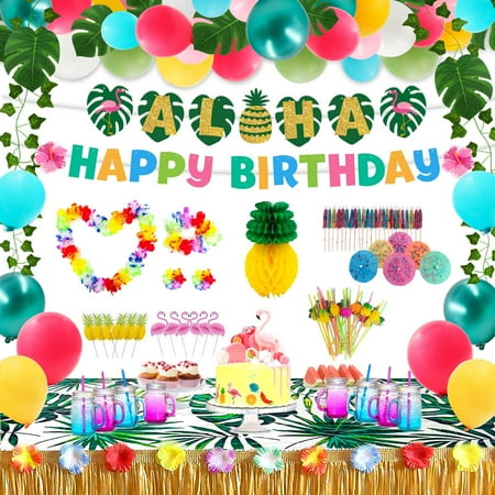 

Party Spot! Luau Party Decorations Hawaiian Party Decorations Tropical Party Decorations - ALOHA Banner HAPPY BIRTHDAY Banner Table Skirt Table Covers Multi-Color Balloons Multi-Type T