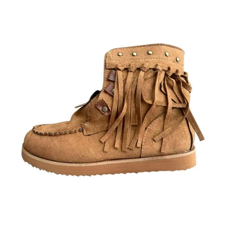 

Tuscom Boots for Women Fashion Flat Heel Round Toe Tassels Fringed Boots Lace-up Women s Short Boots Platform Nude Boots