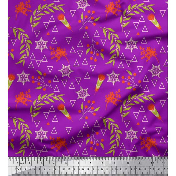 Soimoi Silk Fabric Leaves,Berries & Triangle Geometric Printed Fabric 1 Yard 42 Inch Wide