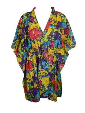 Mogul Womens Red Floral Caftan V-Neckline Cotton Printed Kimono Sleeves Cover Up Tunic Dress Kaftan