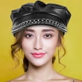 thumbnail image 2 of Sombrero de capitán de yate para mujer, gorro de marinero de PU, vendedor de periódicos, taxista, Baker Boy, boina con visera y cadena, gorras militares de cadete, gorra plana para hombres y mujeres, 2 of 8