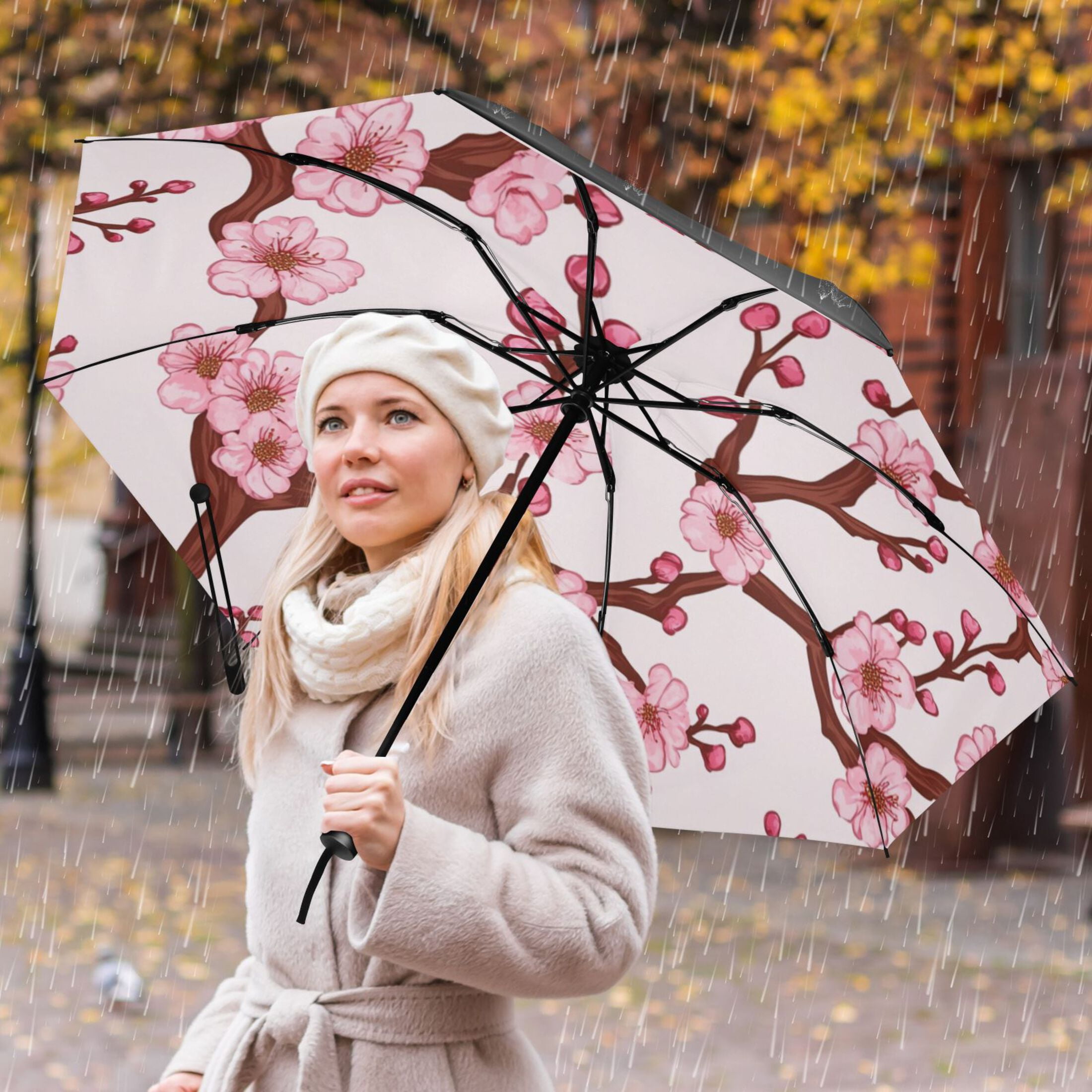 Pink Blossom Branches Extra Large Automatic Umbrella, UV Protection, Waterproof, Auto Open and Close